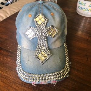 Distressed denim baseball cap with Cross